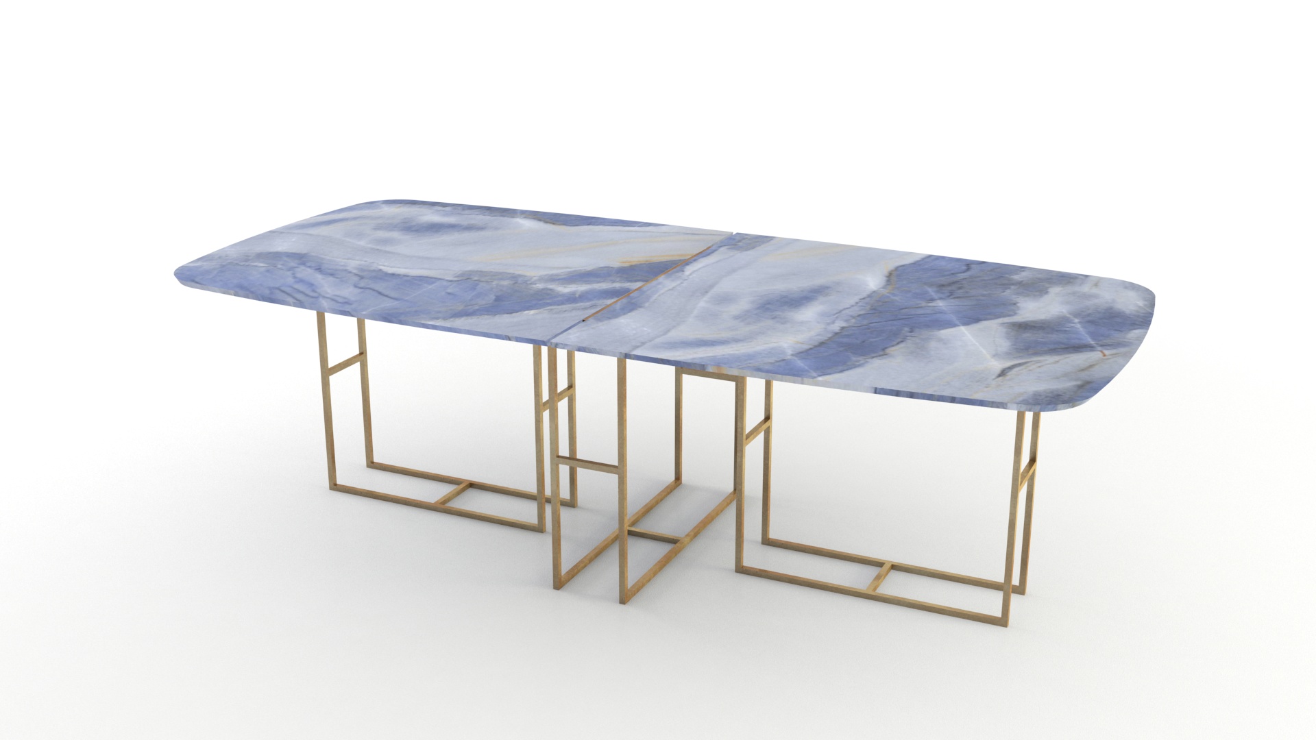 Lionrock mesa semiovalada modular de cuarcita azul Blue Macaubas. Gran tamaño. Patas metálicas color bronce.