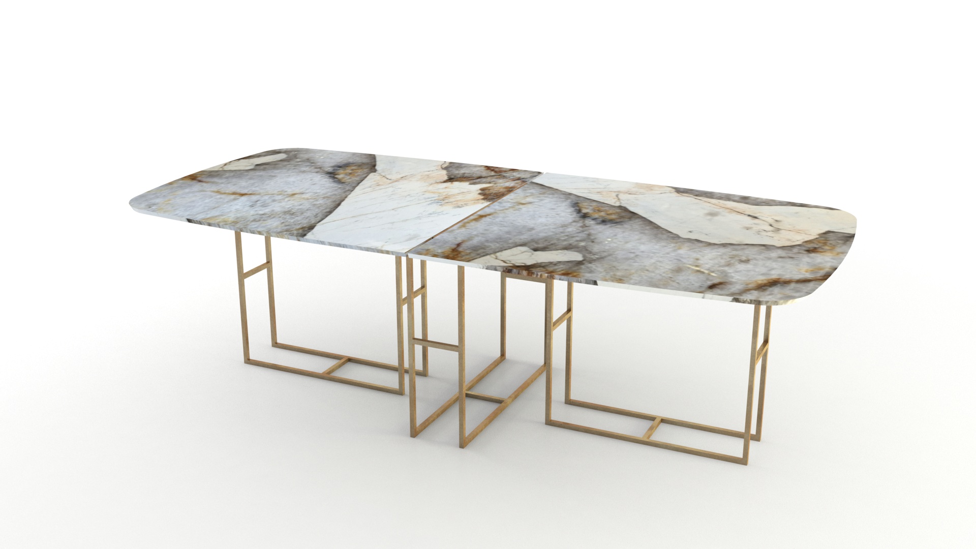 Lionrock mesa semiovalada modular de cuarcita beige Patagonia. Gran tamaño. Patas metálicas color bronce.