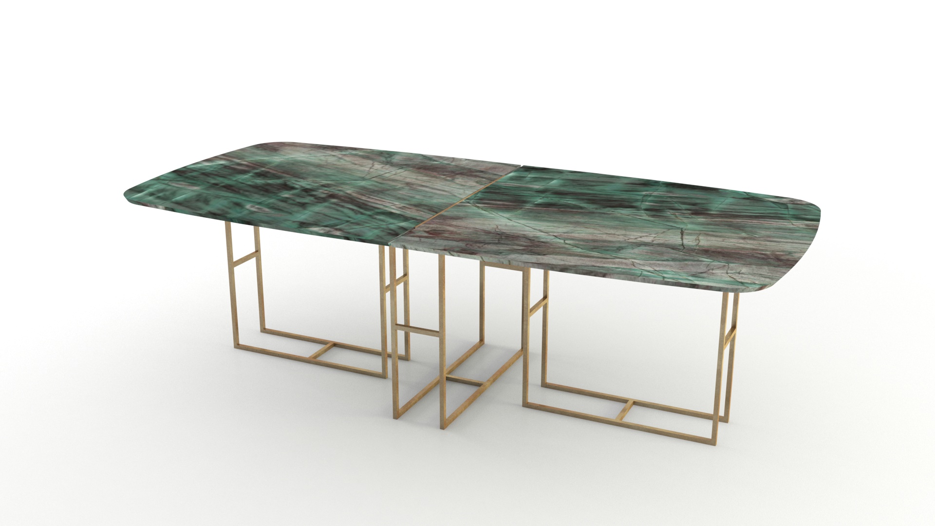 Lionrock mesa semiovalada modular de cuarcita verde Botanic Green. Gran tamaño. Patas metálicas color bronce.