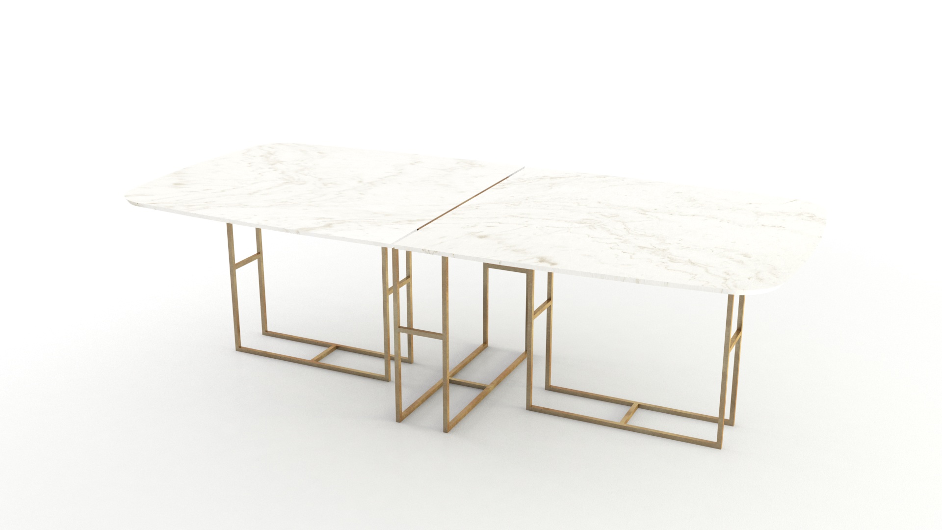 Lionrock mesa semiovalada modular de mármol Blanco Nebula. Gran tamaño. Patas metálicas color bronce.