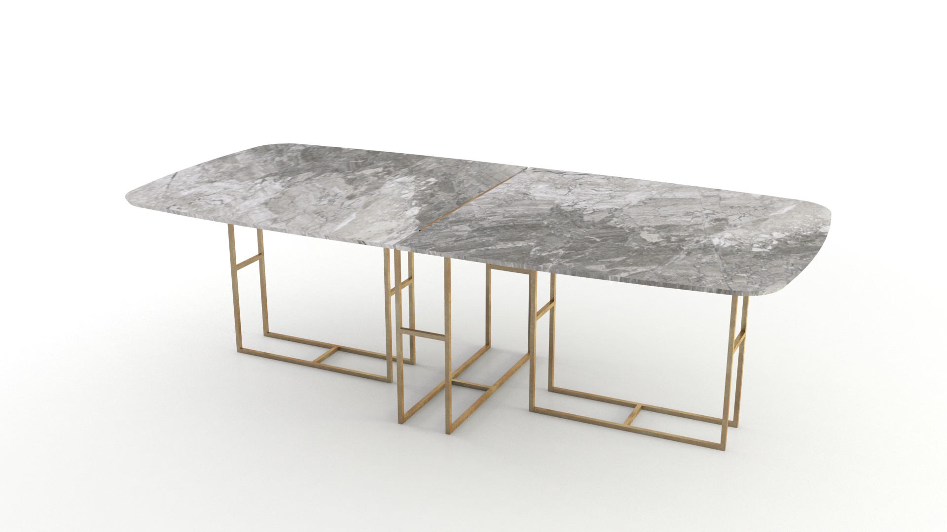 Lionrock mesa semiovalada modular de mármol Gris Nairobi. Gran tamaño. Patas metálicas color bronce.