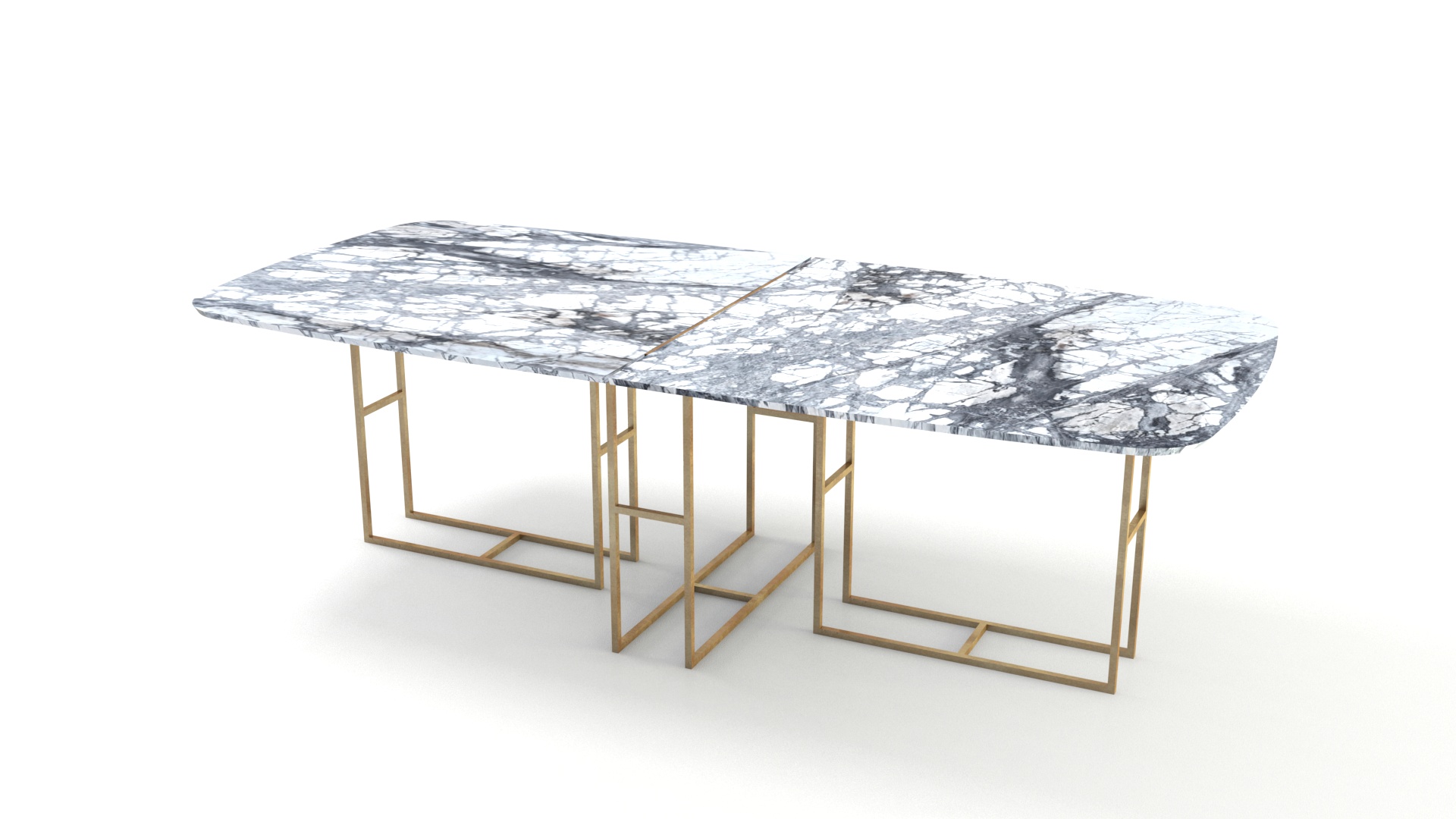 Lionrock mesa semiovalada modular de mármol Gris Picasso. Gran tamaño. Patas metálicas color bronce.