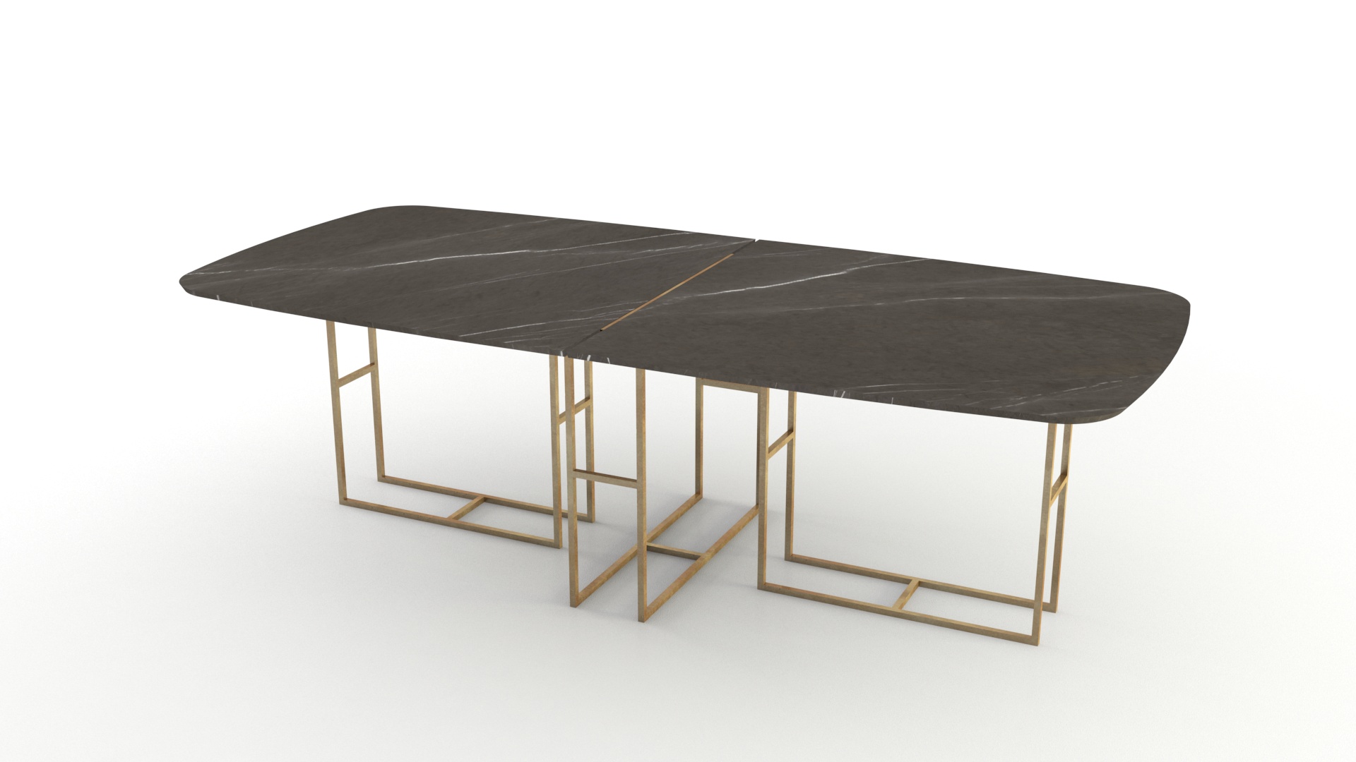 Lionrock mesa semiovalada modular de mármol gris Pietra Grey. Gran tamaño. Patas metálicas color bronce.