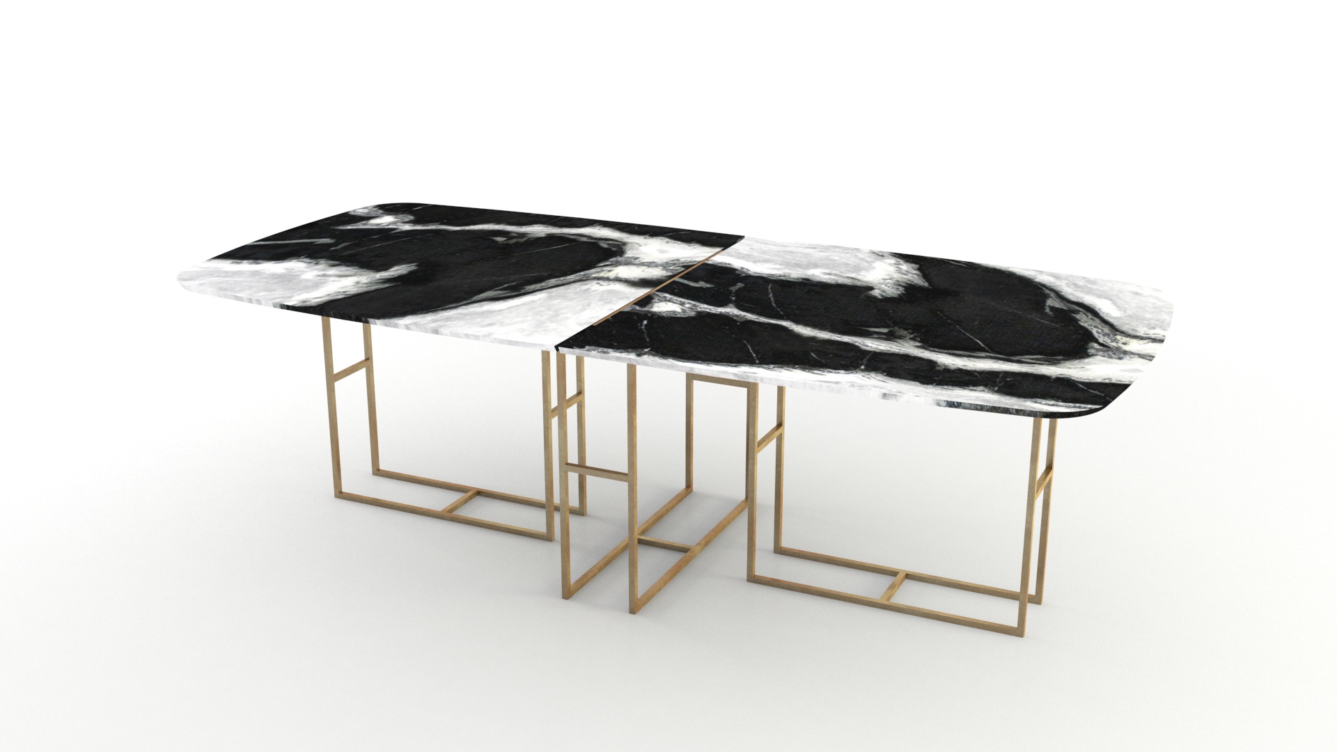 Lionrock mesa semiovalada modular de mármol negro y blanco Panda White. Gran tamaño. Patas metálicas color bronce.