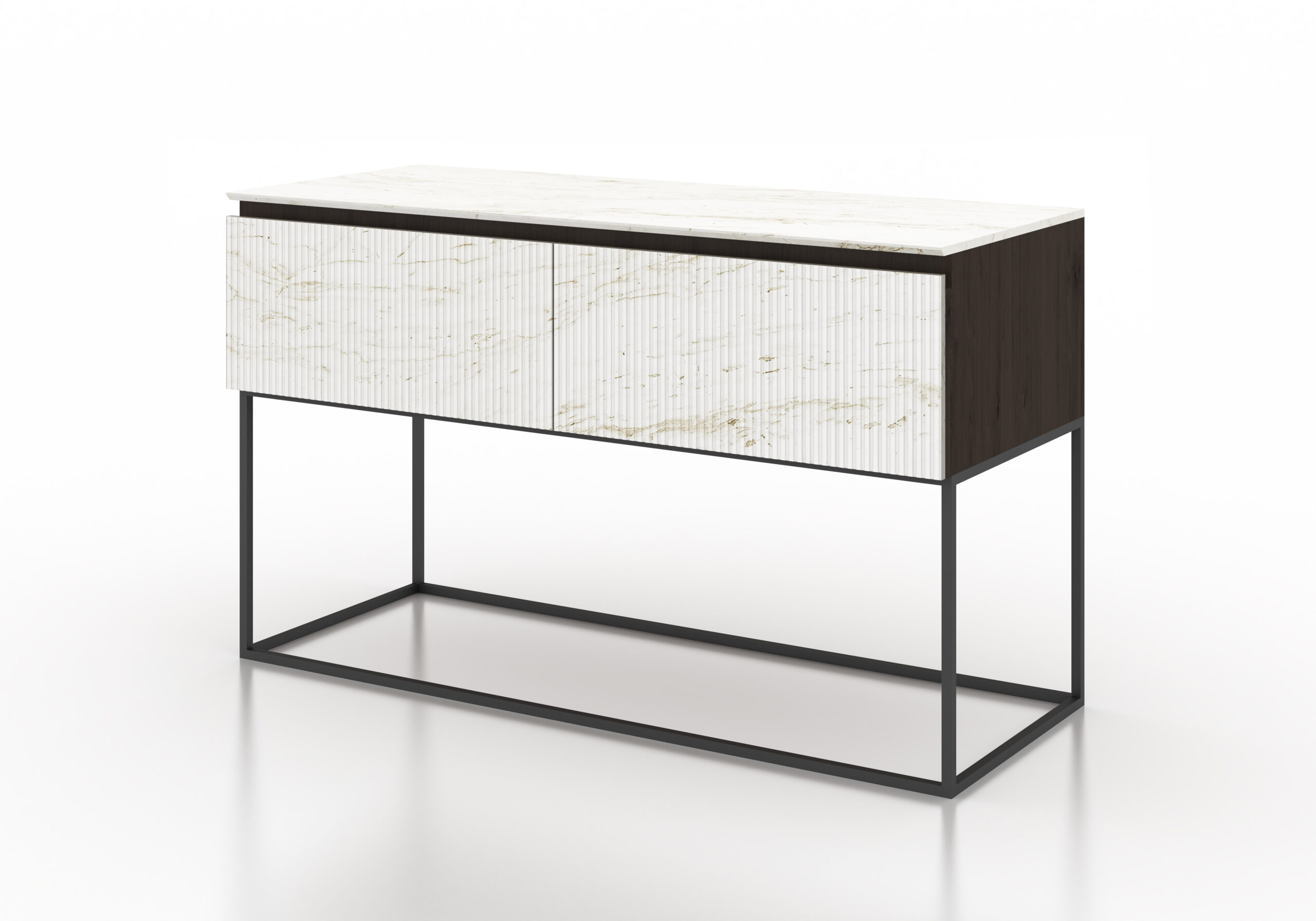 Almacenaje cajones mármol acanalado blanco madera negra metal negro mueble de diseño moderno