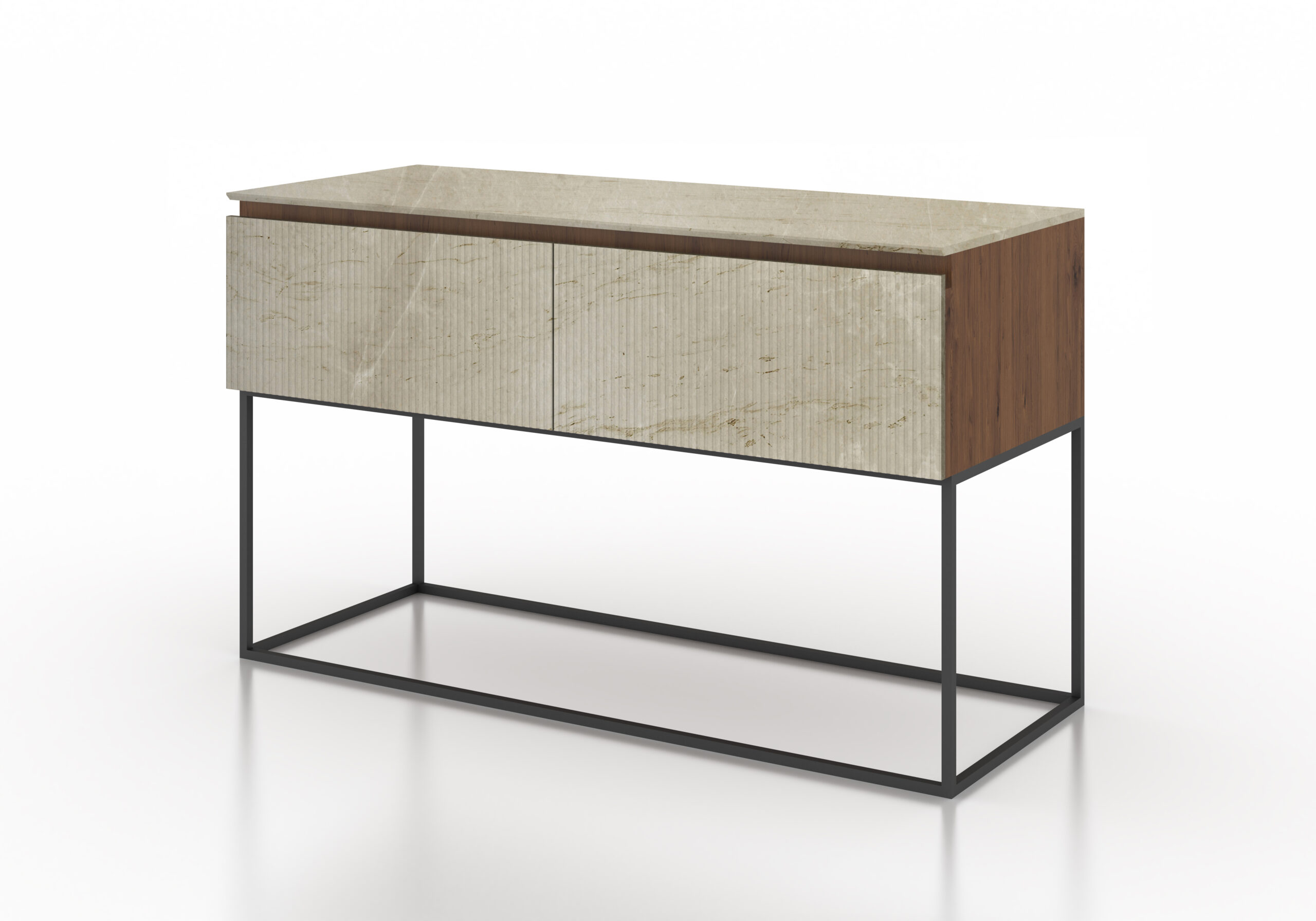 Almacenaje cajones mármol acanalado beige madera roble metal negro mueble de diseño moderno