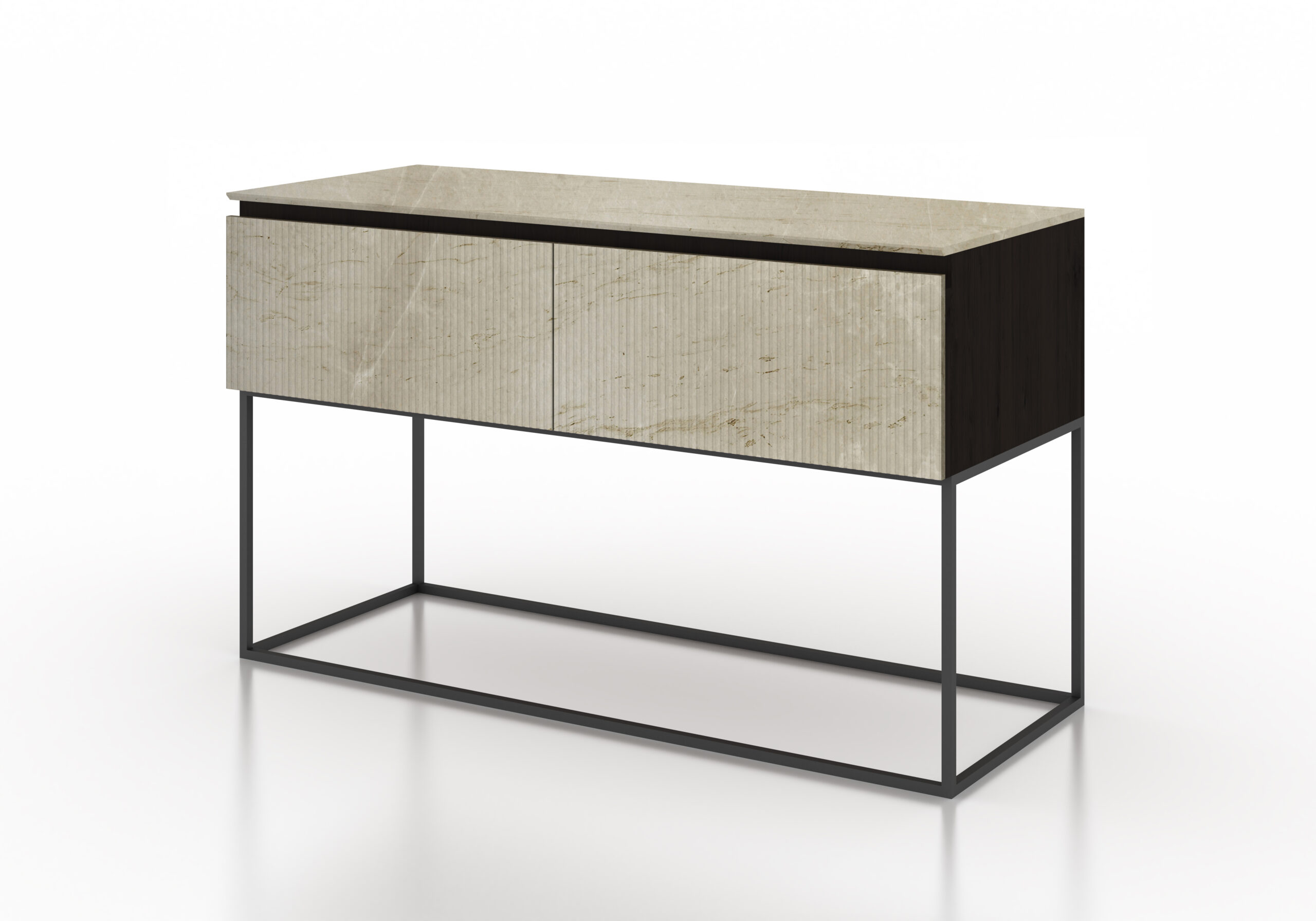 Almacenaje cajones mármol acanalado beige madera negra metal negro mueble de diseño moderno