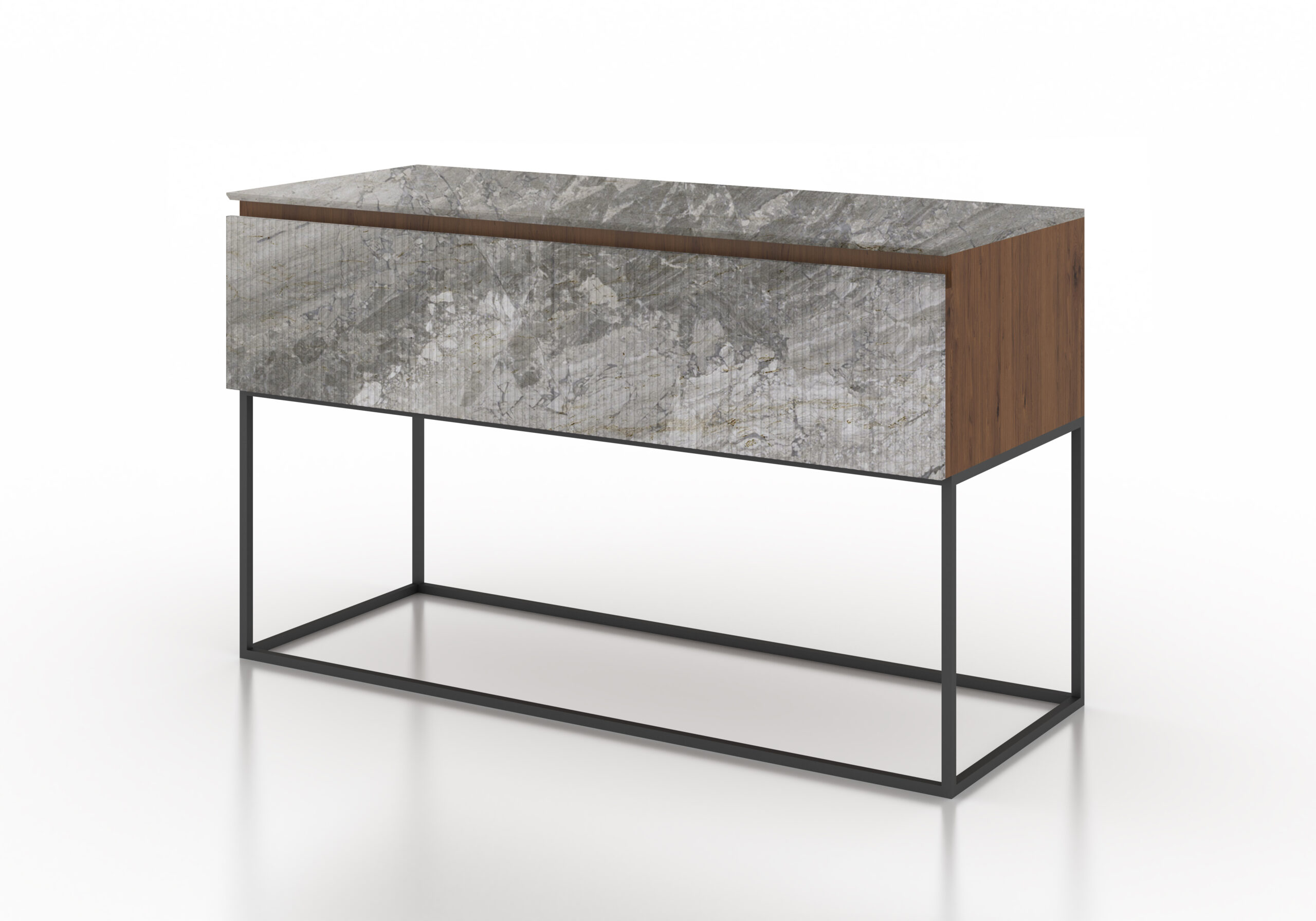 Almacenaje cajones mármol acanalado gris madera roble metal negro mueble de diseño moderno