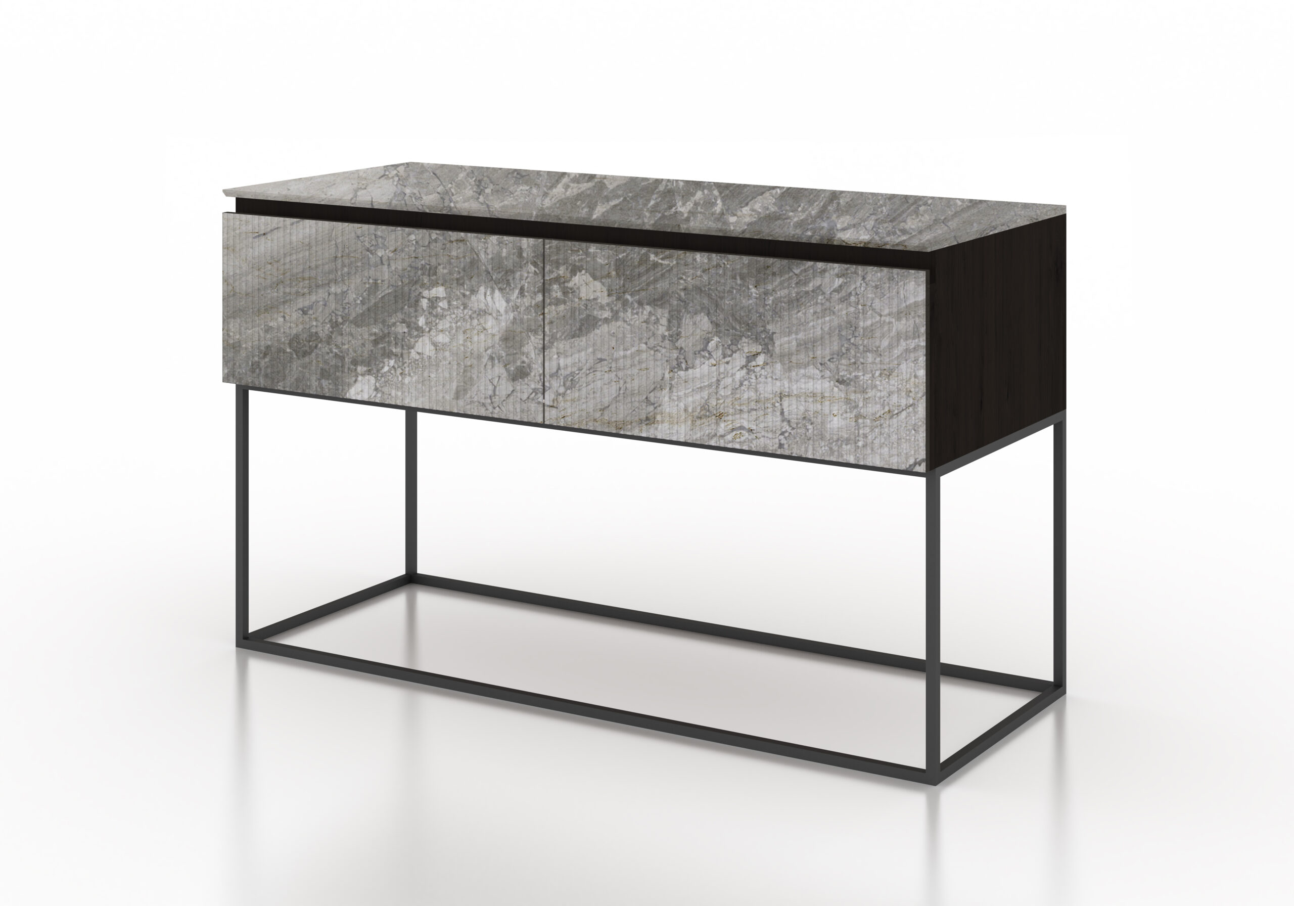 Almacenaje cajones mármol acanalado gris madera negra metal negro mueble de diseño moderno