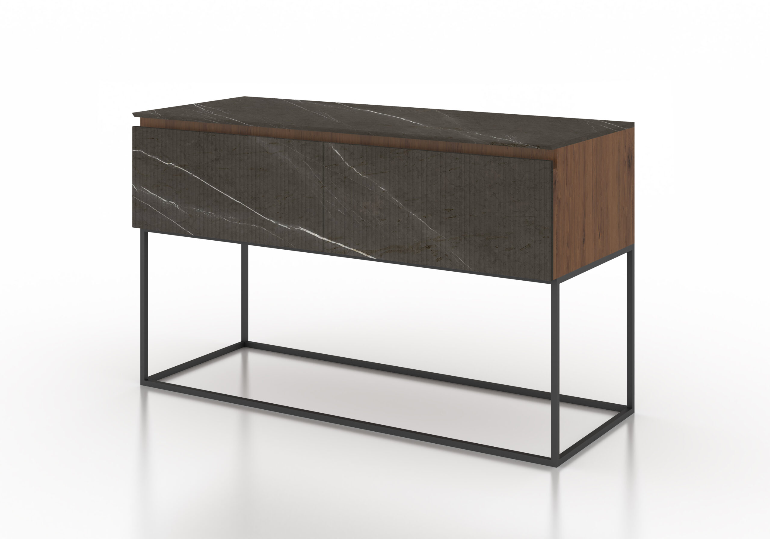 Almacenaje cajones mármol acanalado gris oscuro madera roble metal negro mueble de diseño moderno
