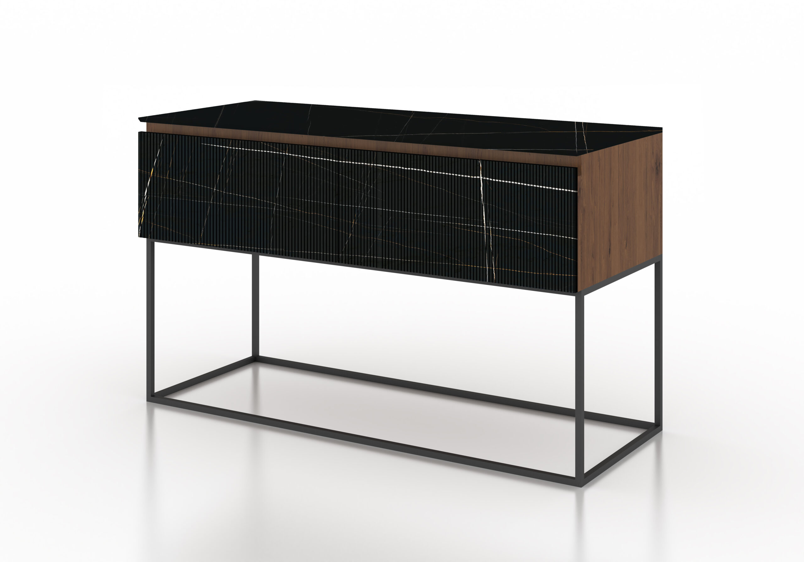 Almacenaje cajones mármol acanalado negro madera roble metal negro mueble de diseño moderno