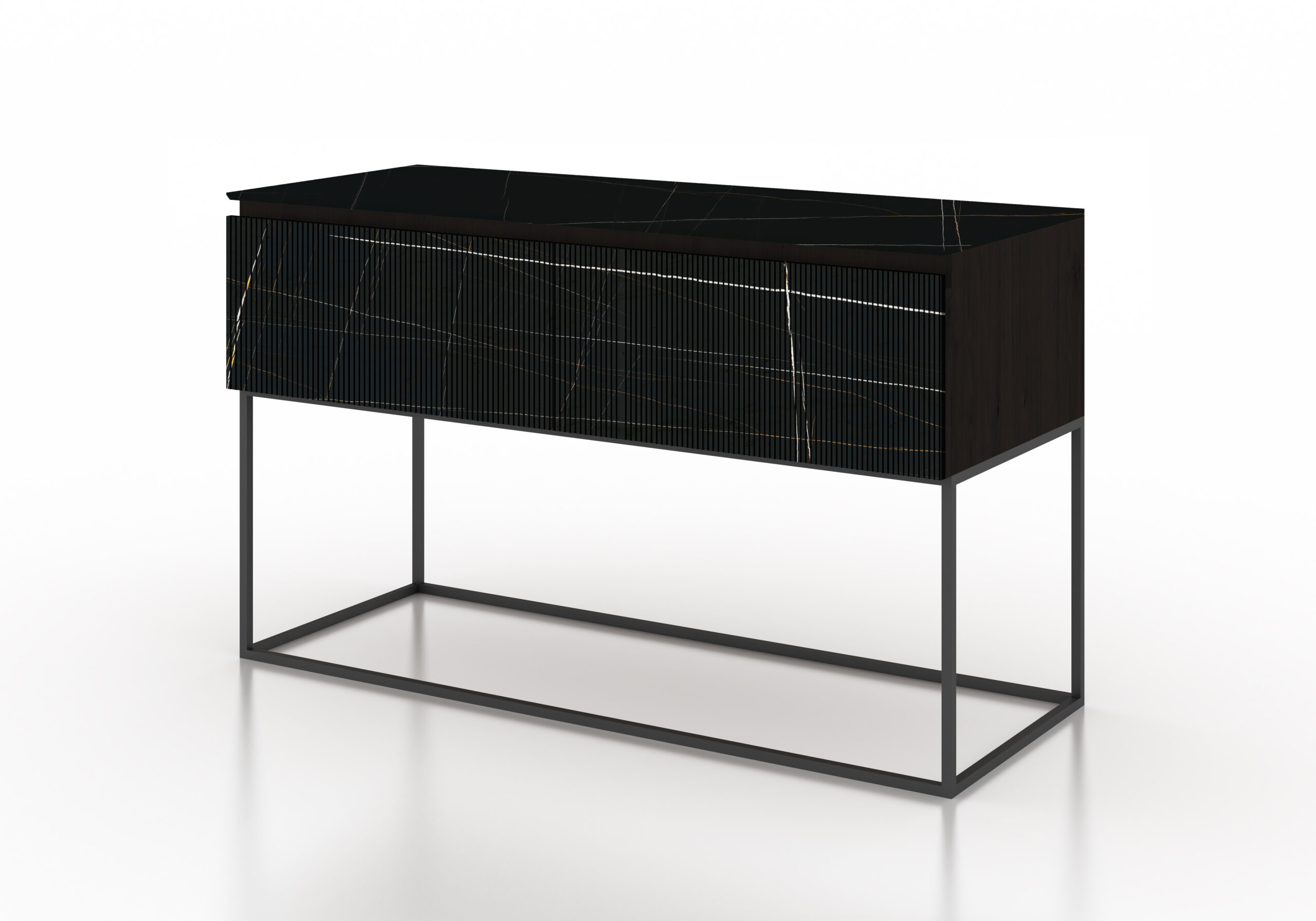 Almacenaje cajones mármol acanalado negro madera negra metal negro mueble de diseño moderno