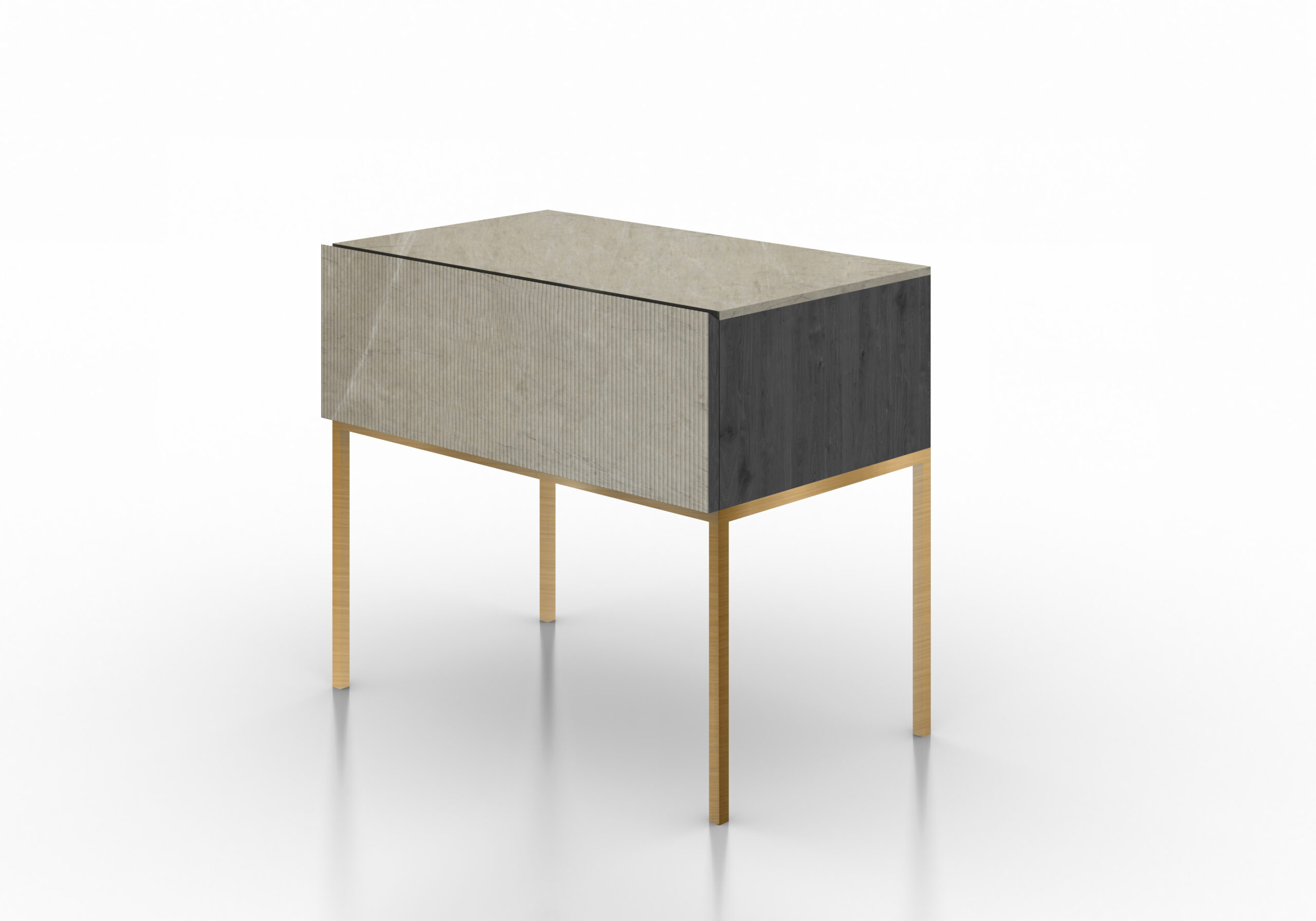 Mesita noche diseño autor mármol beige acanalado madera negra metal bronce