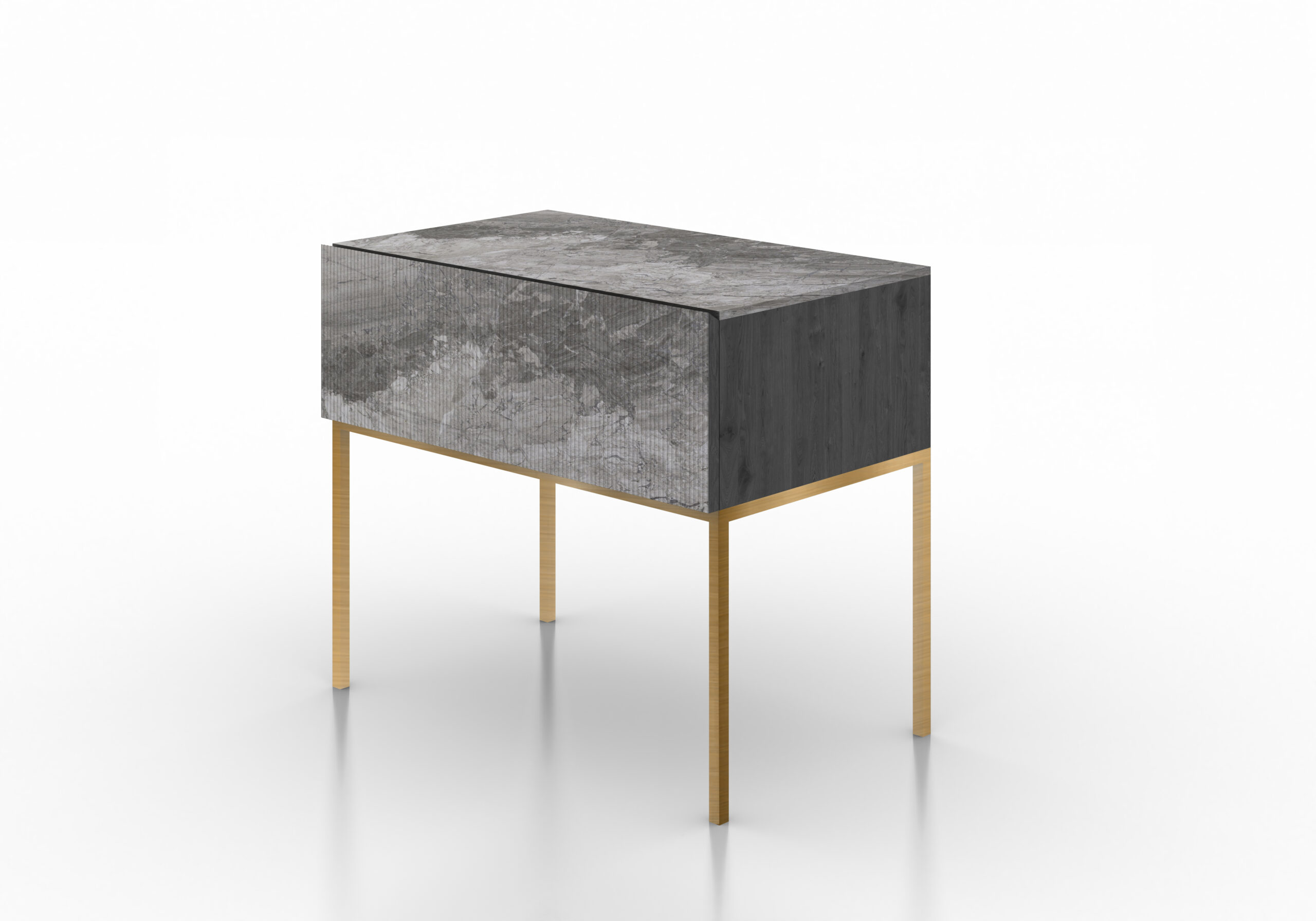 Mesita noche diseño autor mármol gris acanalado madera negra metal bronce