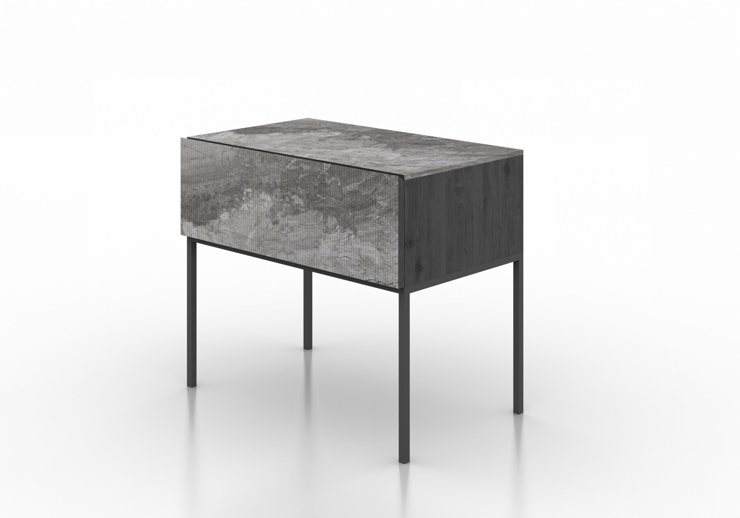 Mesita noche diseño autor mármol gris acanalado madera negra metal negro