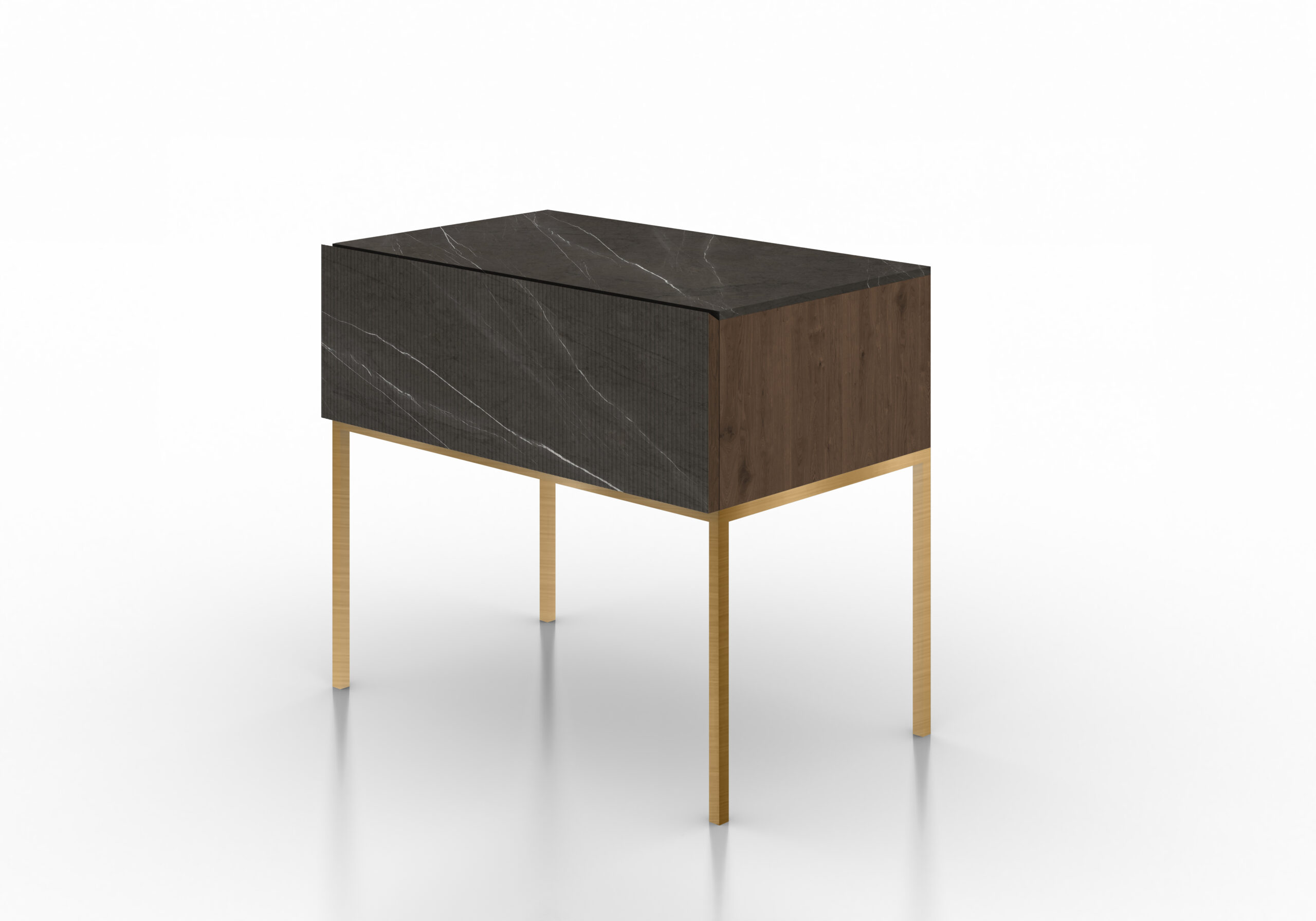 Mesita noche diseño autor mármol gris oscuro acanalado madera roble metal bronce