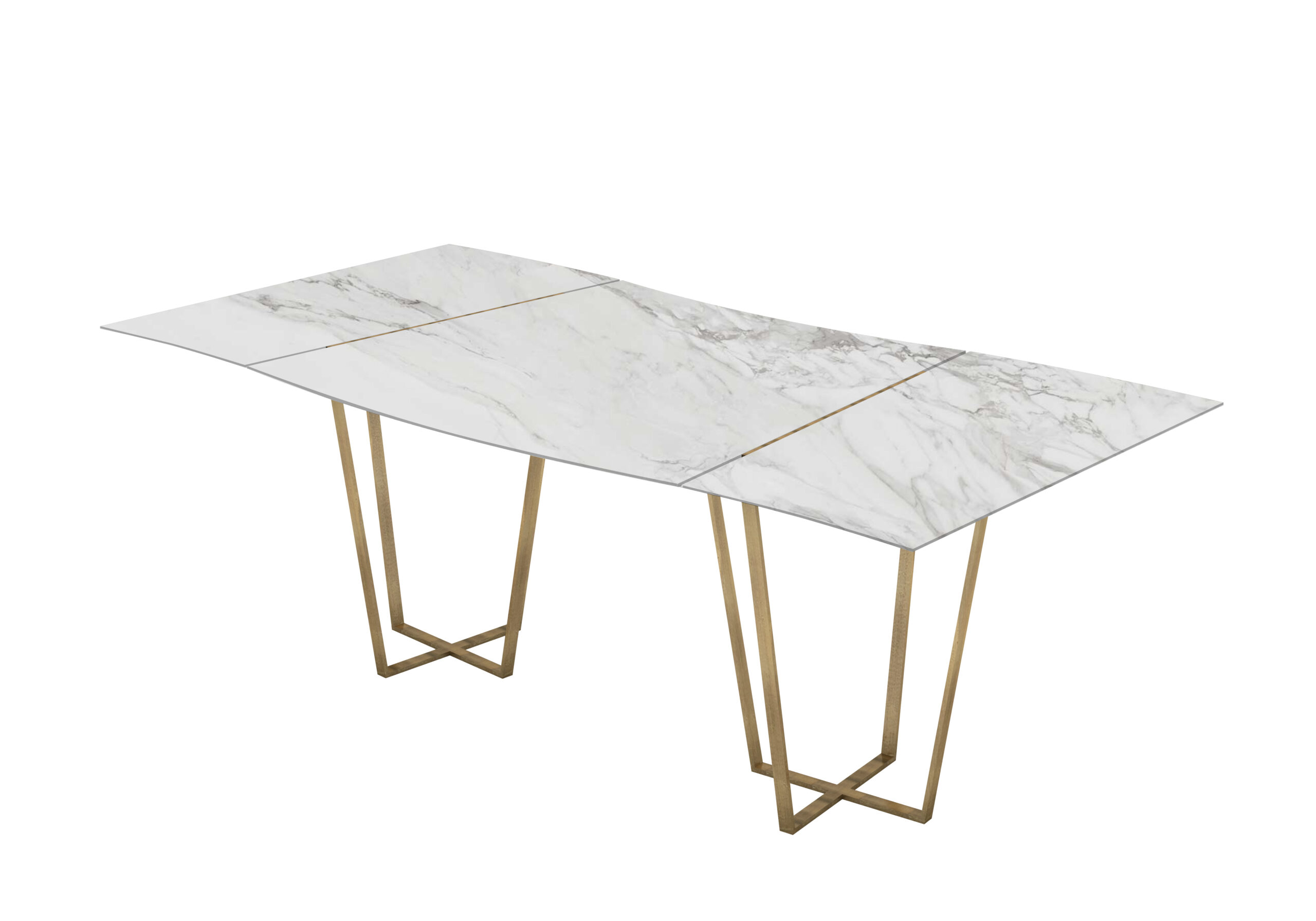 Sargas mesa de mármol ondulada modular. Blanco Calacatta. Patas metálicas color bronce.
