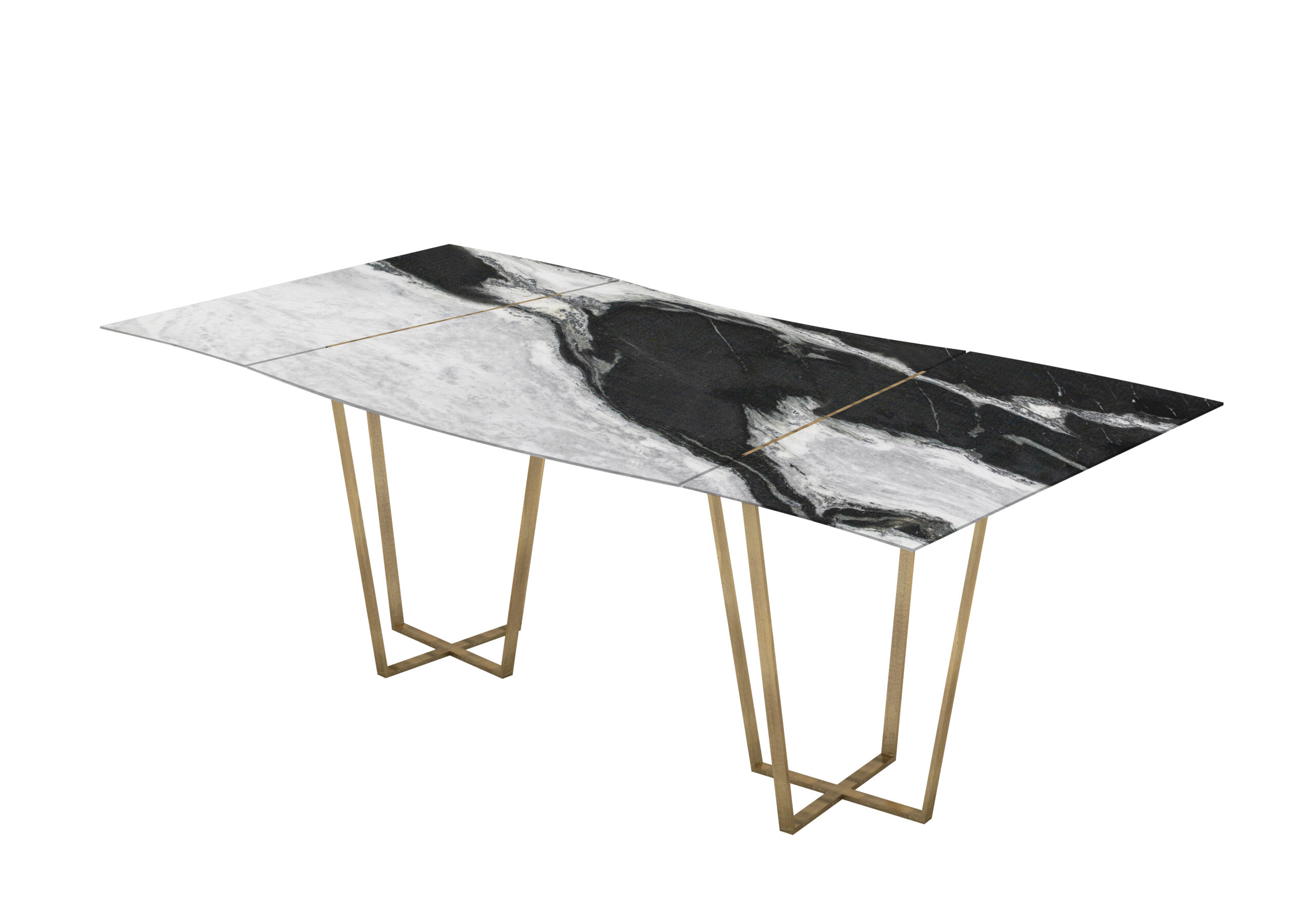 Sargas mesa de mármol ondulada modular. Blanco y negro Panda White. Patas metálicas color bronce.