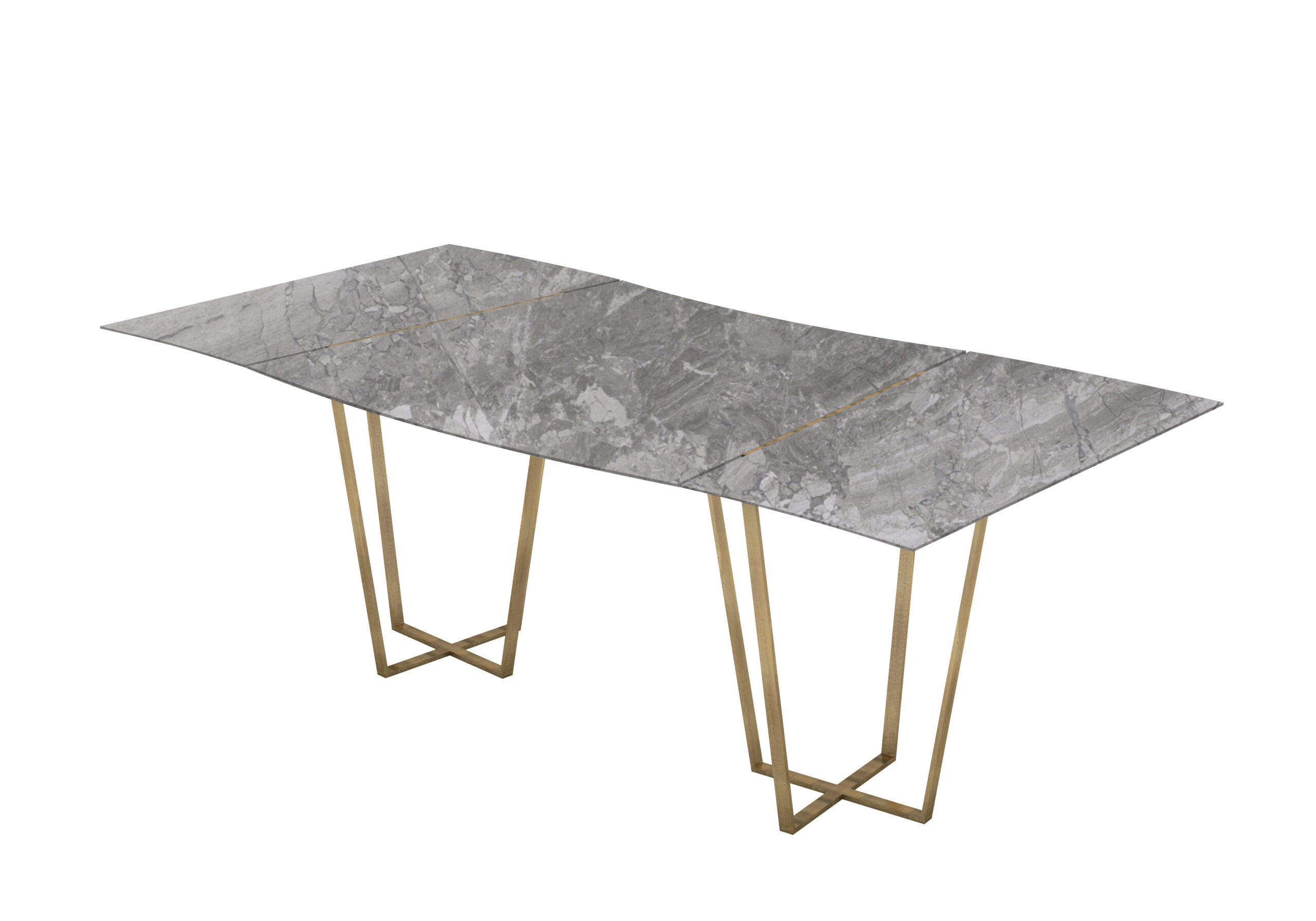 Sargas mesa de mármol ondulada modular. Gris Nairobi. Patas metálicas color bronce.
