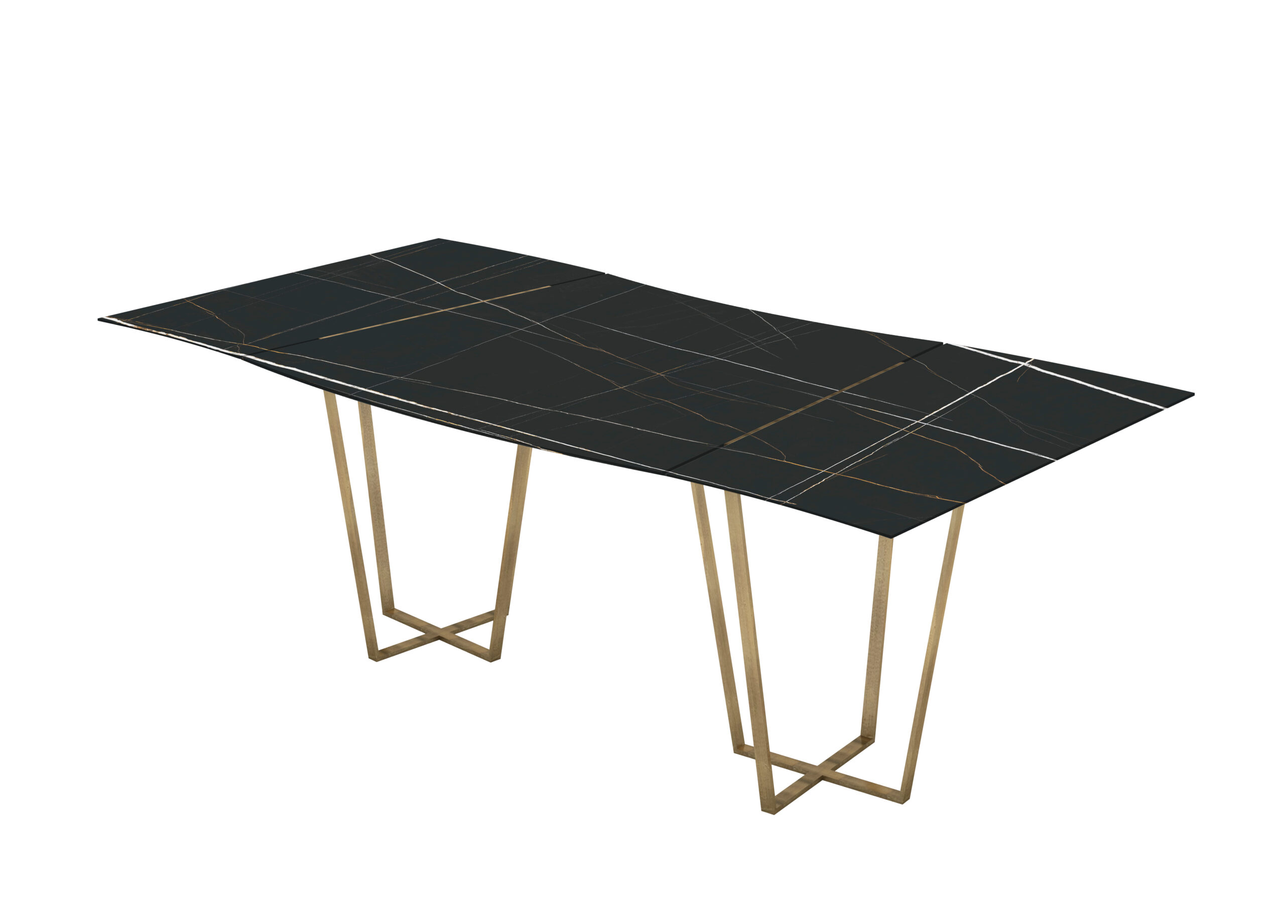 Sargas mesa de mármol ondulada modular. Negro Black Mirage. Patas metálicas color bronce.