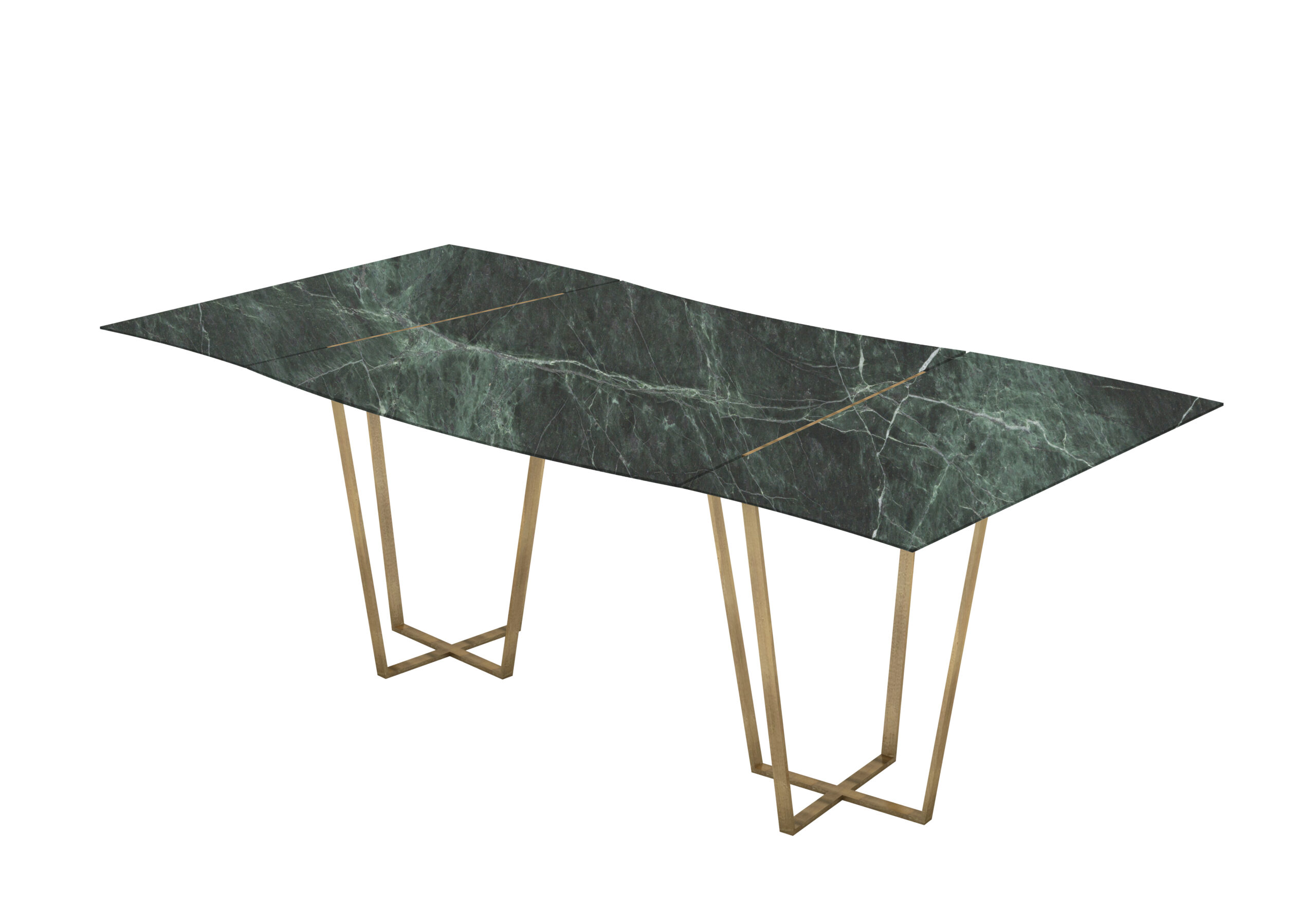 Sargas mesa de mármol ondulada modular. Verde Guatemala. Patas metálicas color bronce.