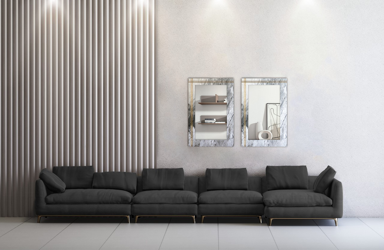 Espejo con marco de mármol. Muebles de diseño exclusivo, lujo, complementos. Color metal bronce. Miram.